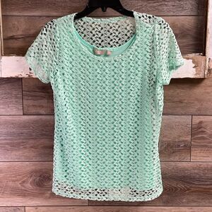 Coral Bay Petite Ladies Short Sleeve Lace Top, Size Petite Medium, Mint Green